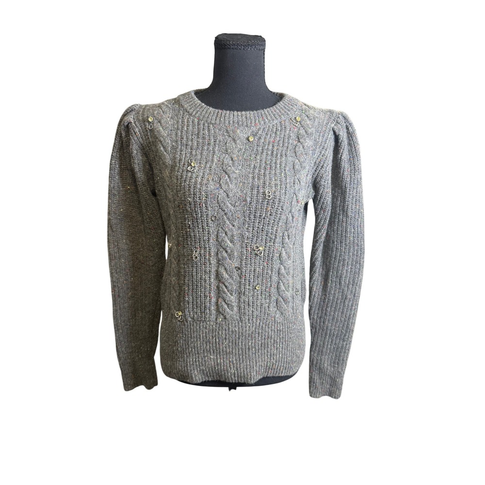 Something Navy Jewel Deco Cable Sweater S Grey Wool Blend Puff Sleeve Speckled